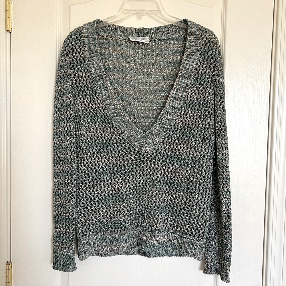 St. John Sport Blue and Grey Knit V-Neck Sweater